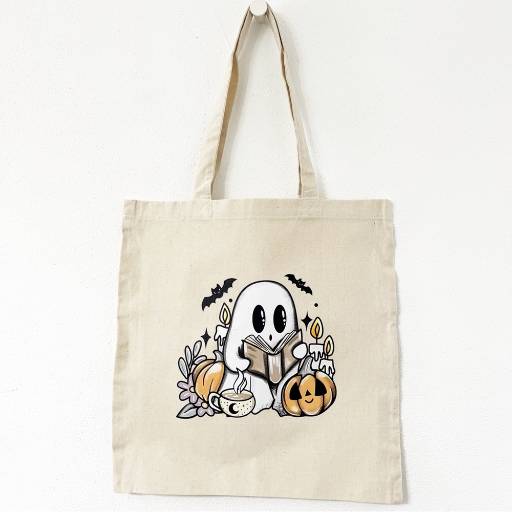 Halloween Bookish Tote | Ghost Reading with Pumpkins Canvas Bag
